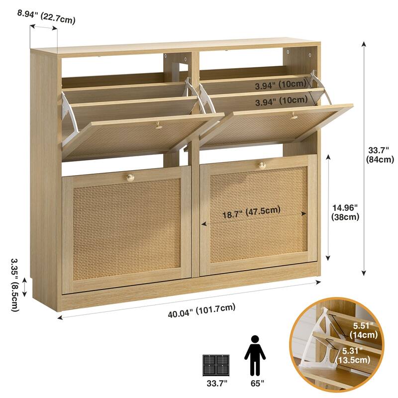 Anmytek 24 Pairs Large White Rattan Shoe Storage Cabinet with 4 Flip Drawers Narrow Shoe Storage Organizer for Entryway