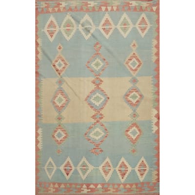 Hand Woven Oriental 100% Wool Carpet Southwestern Tribal Navy Blue & Blues Kilim Area Rug - 6' 8'' X 4' 10''