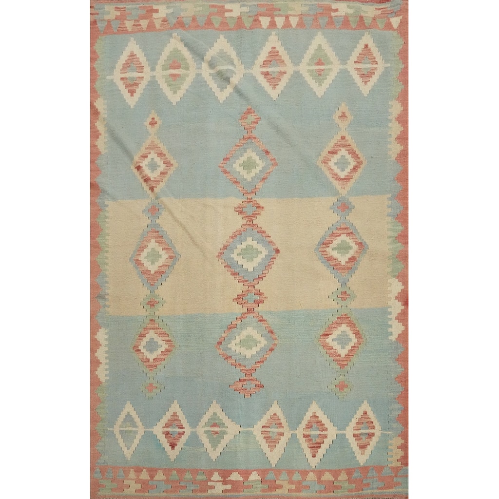 Hand Woven Oriental 100% Wool Carpet Southwestern Tribal Navy Blue & Blues Kilim Area Rug - 6' 8'' X 4' 10''