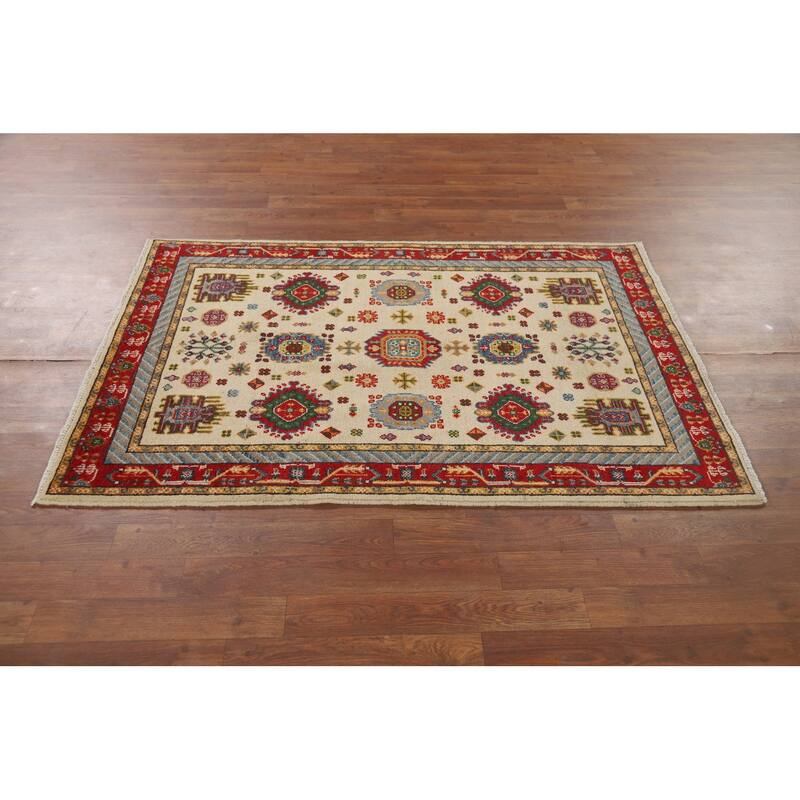 Traditional Kazak Foyer Rug Handmade Beige Geometric Wool Carpet - 3'4" x 4'11"