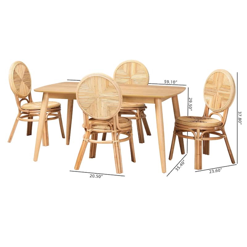 Carita Modern Bohemian Natural Brown Rattan 5-Piece Dining Set