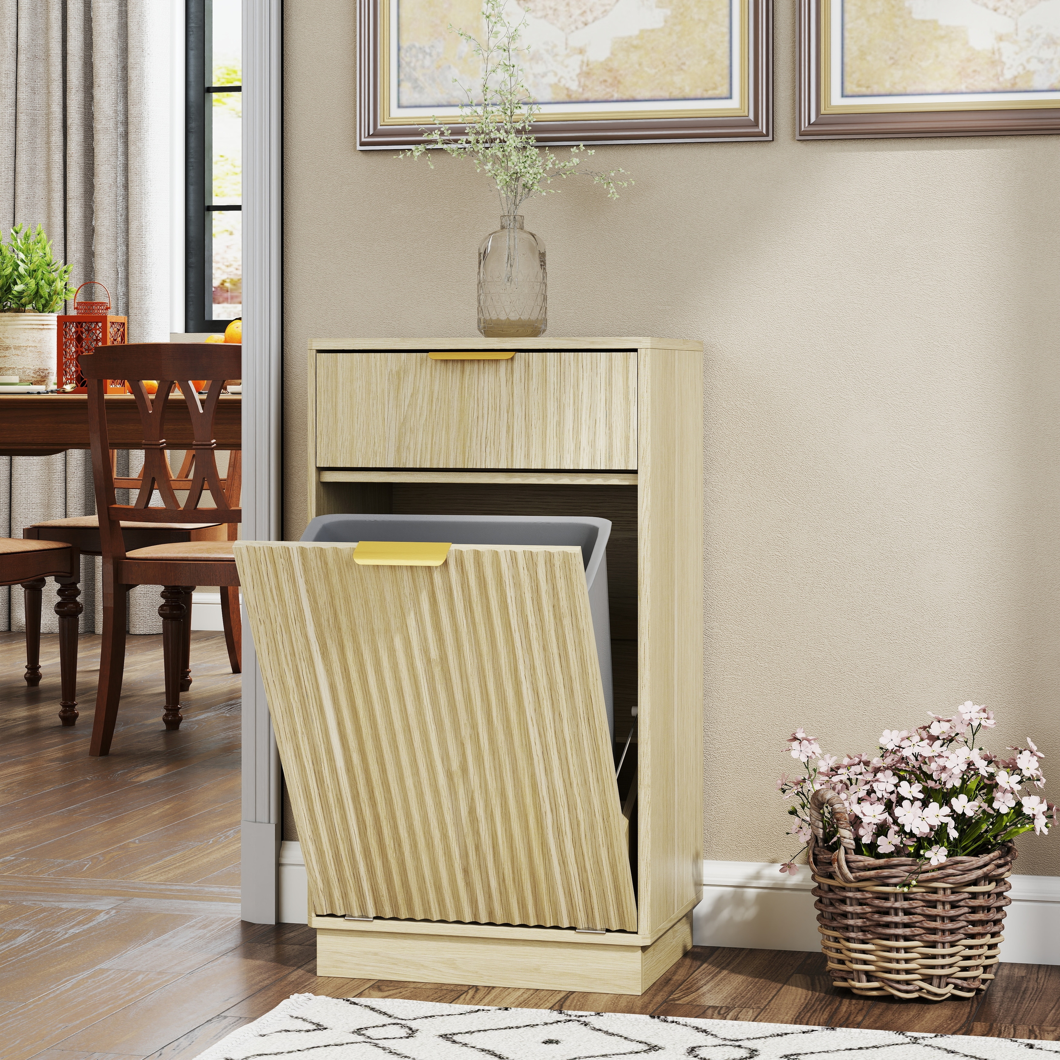 10-Gallon Woodgrain Tilt-Out Trash Can Cabinet with Wave-Textured Drawer & Pull-Out Bin - Multipurpose Kitchen/Bath Organizer