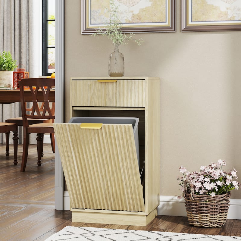 Wood Tilt-Out Accent Cabinet, Trash Can Cabinet with Wave-Textured Drawer, Stripe Storage Cabinet with Pull-Out Bin