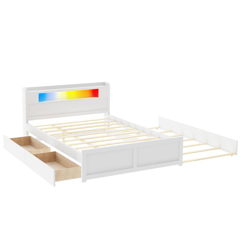 Queen Size Platform Bed with LED Headboard, Trundle & Drawers