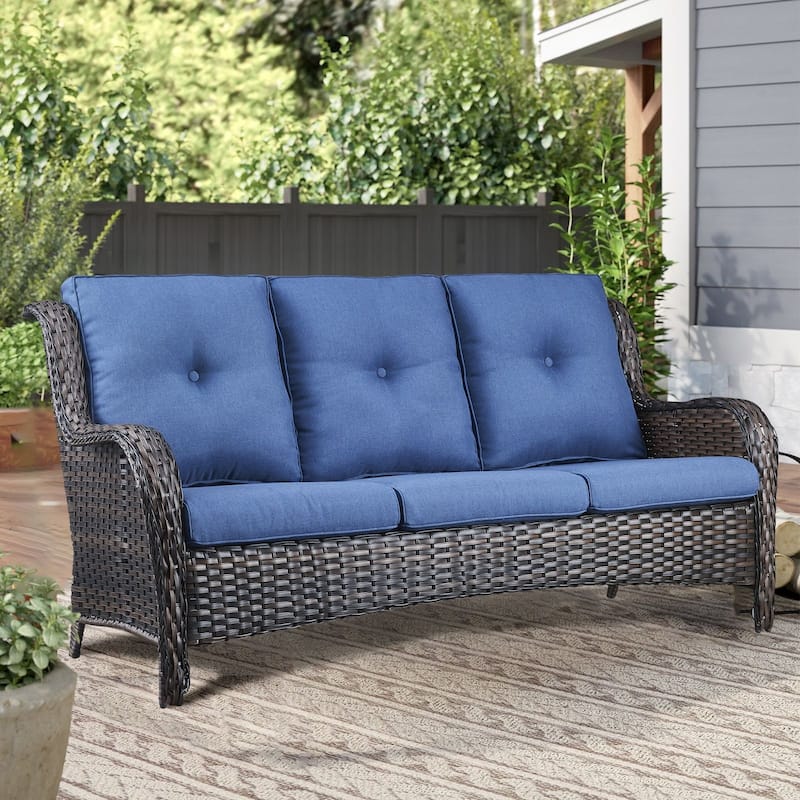 3-Seat Patio Wicker Sofa Outdoor Rattan Sofa - Blue - Brown