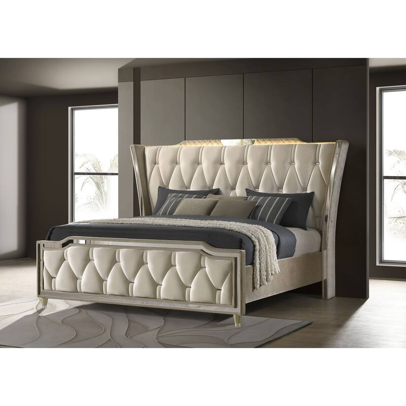 Lorient LED Upholstered Wingback Bed Ivory and Camel