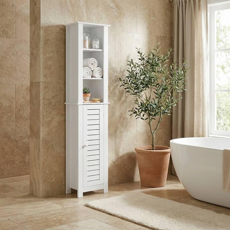 Santorin Tall White Bathroom Storage Cabinet Linen Tower - 13 7/8"L x 10.4"W x 68"H