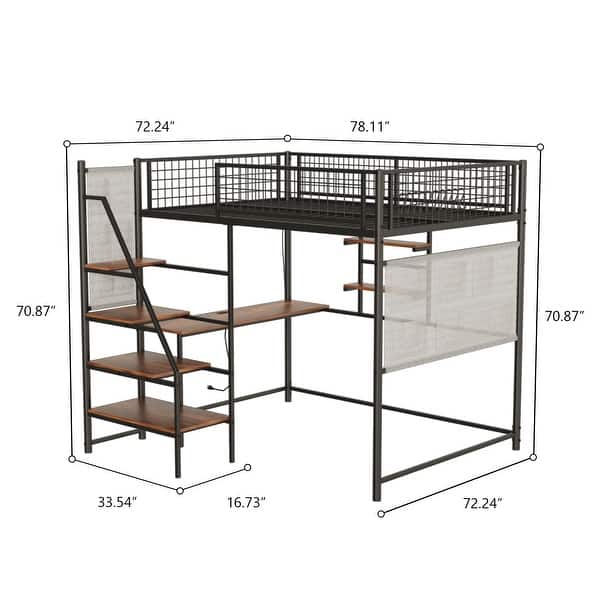dimension image slide 1 of 2, Full Size Loft Metal Bed for Bedroom and Dormitory, with Built-in Charging Station and LED Lighting
