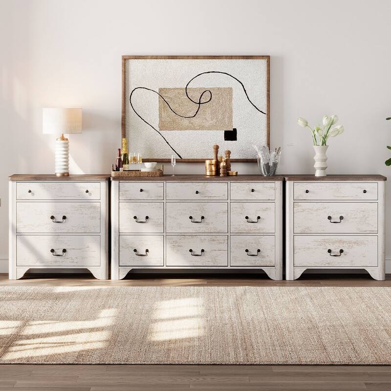 WAMPAT 3 Pieces Farmhouse Dresser Set,Wooden Storage Cabinet for Bedroom, Hallway, Closet - White