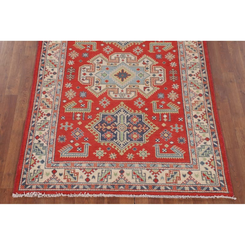 Geometric Kazak Accent Rug Handmade Wool Carpet - 4'2" x 5'9"