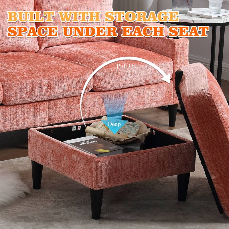 HOMEFUN Chenille Upholstered L-Shaped Living Room Sofa with Storage Ottoman
