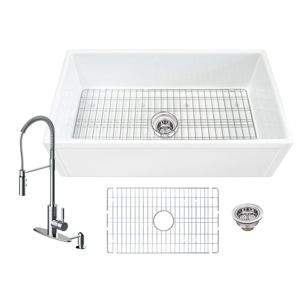 Soleil All-In-One White Fireclay Picture Frame/Plain Reversible Apron Front Single Bowl Kitchen Sink with Pull Down Faucet. Opens flyout.