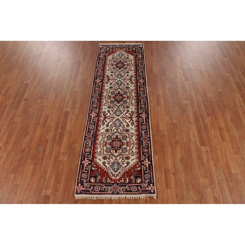 Ivory Geometric Heriz Serapi Runner Rug Hand-Knotted Wool Carpet - 2'6"x 7'10"