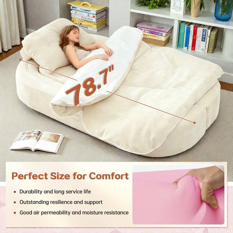 Modern Convertible Floor Sofa Bed with Pillows, Corduroy Foldable Sleeper Sofa Mattress with Built-In Quilt, No Assembly