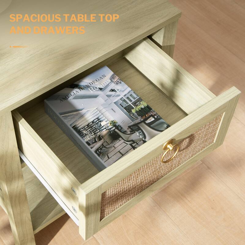 SICOTAS Farmhouse 1-Drawer Rattan Nightstand Set of 2