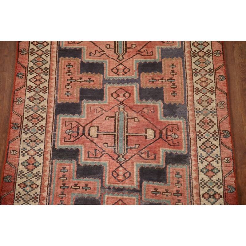 Geometric Pink Ardebil Persian Vintage Runner Rug Handmade Wool Carpet - 3'9"x 10'0"