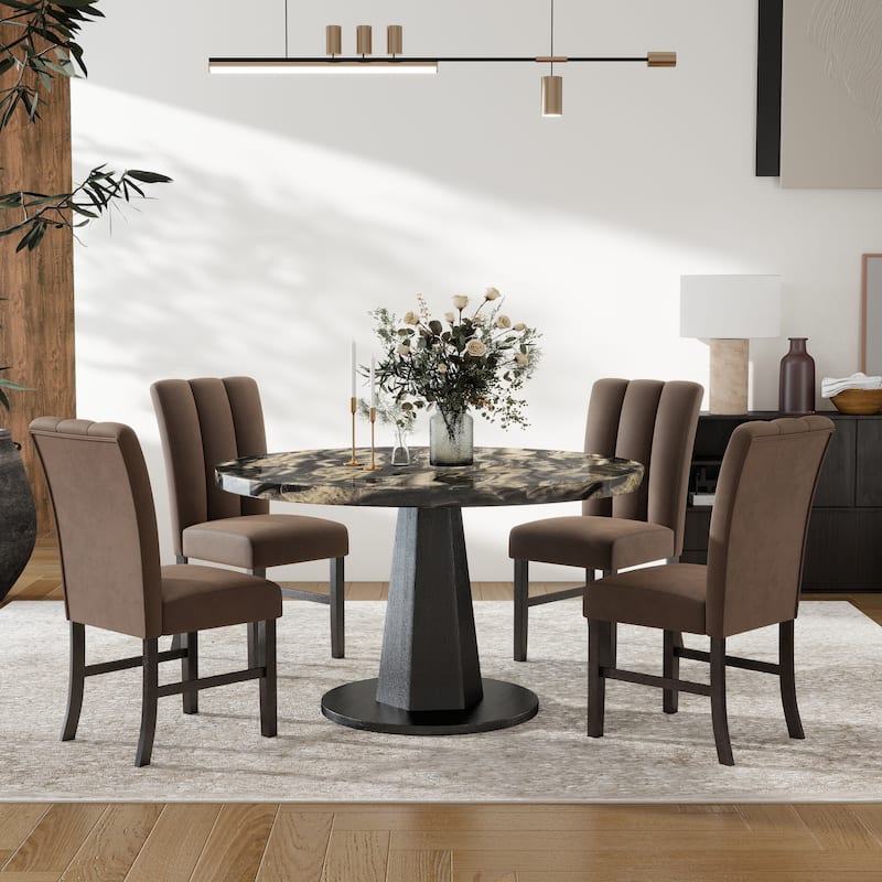 Roundhill Furniture Cavira 5-Piece Modern Dining Set, Round Faux Marble Dining Table with Four Chairs