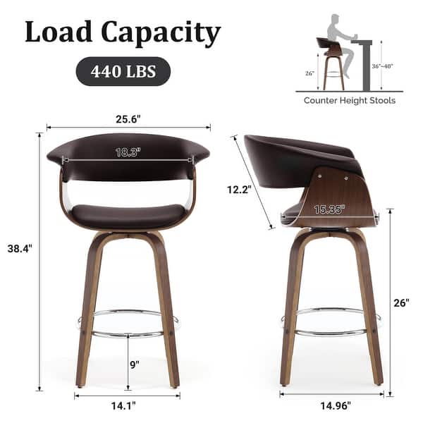 dimension image slide 9 of 14, 26"/29" Faux Leather Swivel Bar Stools, Wood Counter Stool