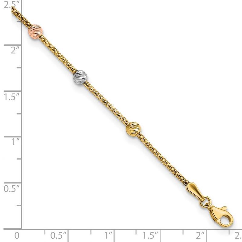 Curata 14k Tri color Gold Sparkle Cut 7 station Bead and Chain Bracelet 7.25 Inch