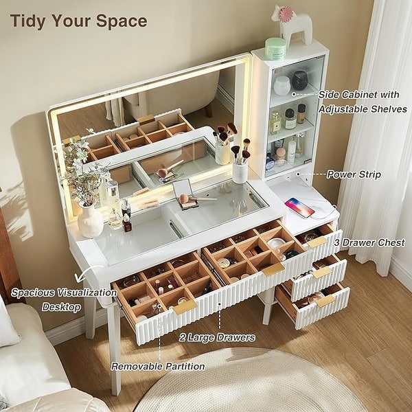 Zvivofla Vanity Desk With LED Mirror & Lights - Makeup Table With Drawers, White