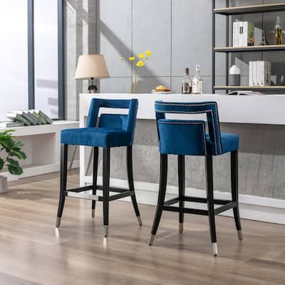 Modern Velvet Upholstered Bar Stools With Back and Footrest(Set of 2)Blue - Set of 2