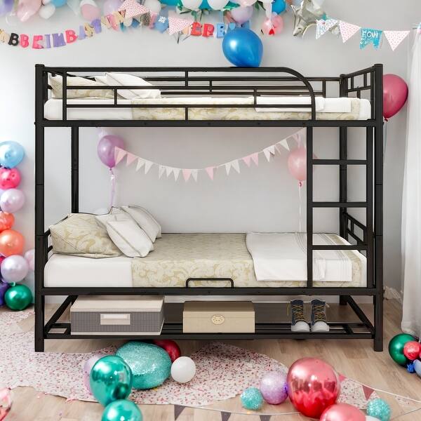 slide 2 of 26, Full Over Full Metal Bunk Bed with Shelf and Guardrails,Beautiful Piece for Bedroom,Separate into 2 full Beds Black