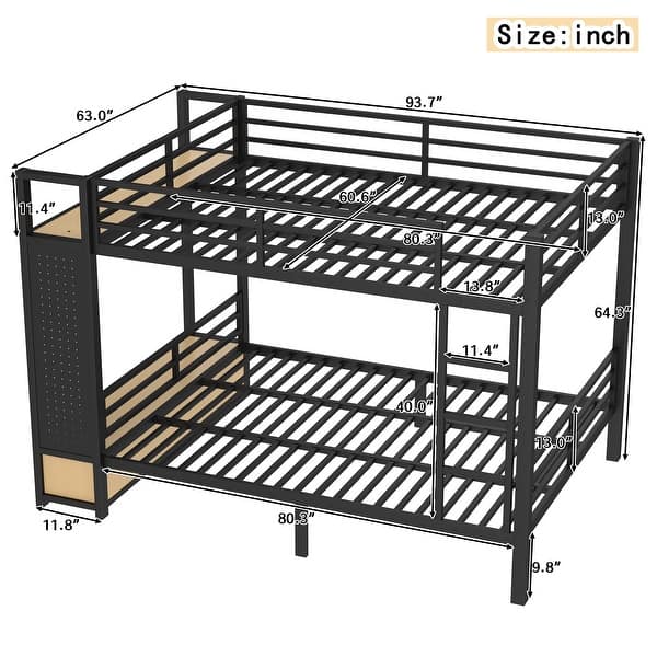 dimension image slide 0 of 2, Storage Bunk Bed with Shelves, Wardrobe, 2 Drawers and Pegboard, Heavy Duty Metal Bunk Bed Frame, Noise Free, No Box Spring Need