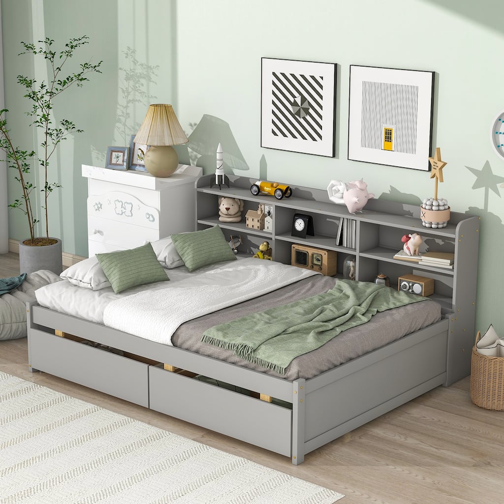 Gray Pine Wood Full Bed with Side Bookcase and Drawers