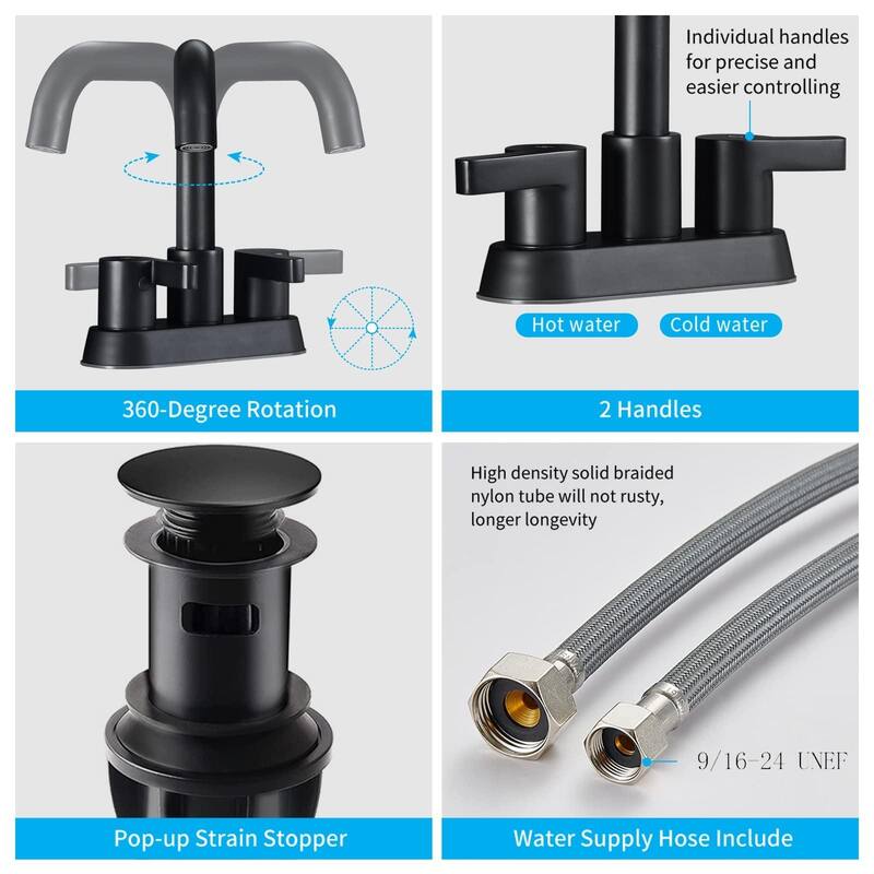 Modern 2 Handle 360° Swivel Bathroom Sink Faucet with Pop Up Drain and Water Supply Line, Anti Fingerprint, Anti Rust