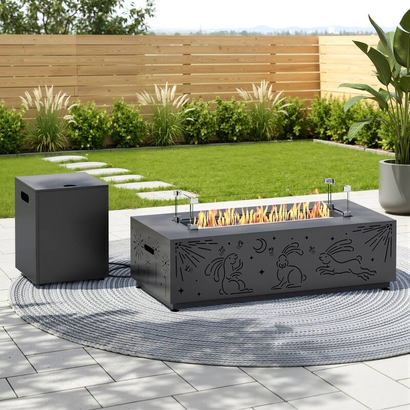 42" Outdoor Propane Fire Pit Table with Lid, 50,000 BTU Rectangular Patio Heater, LED Light, Moon Rabbit Pattern