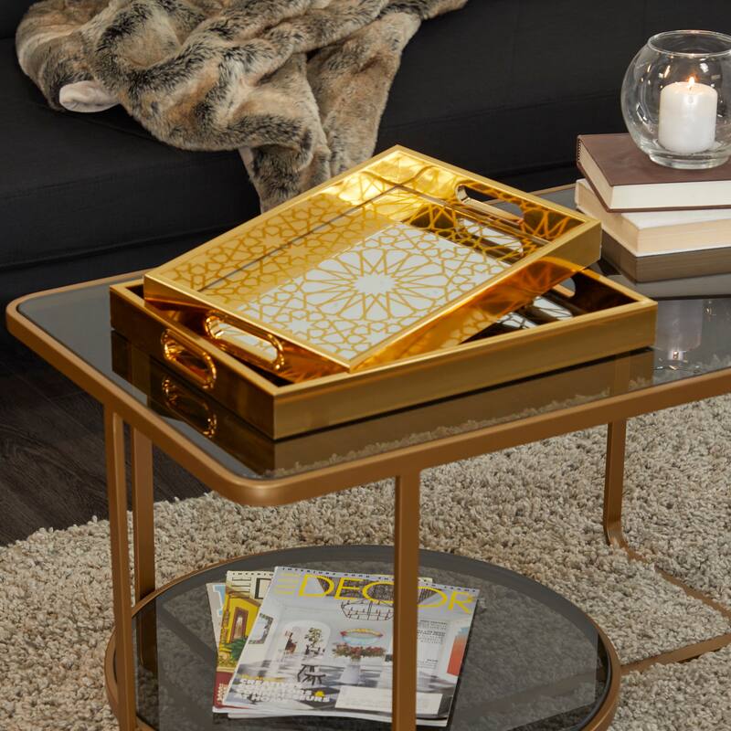 Polished Gold Plastic Mirrored Geometric Tray (Set of 2)