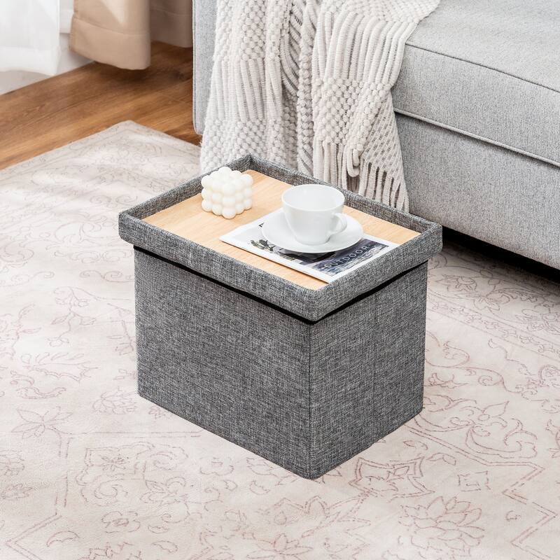 Adeco Foldable Linen Storage Ottoman with Tufted Button Design - Grey