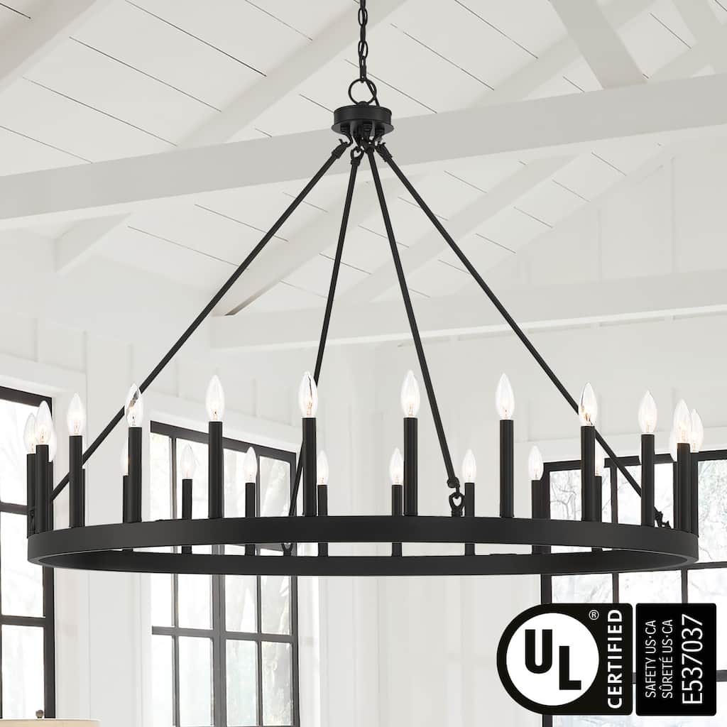 24-light Modern Farmhouse Large Black Wagon Wheel Chandelier - 47 inches