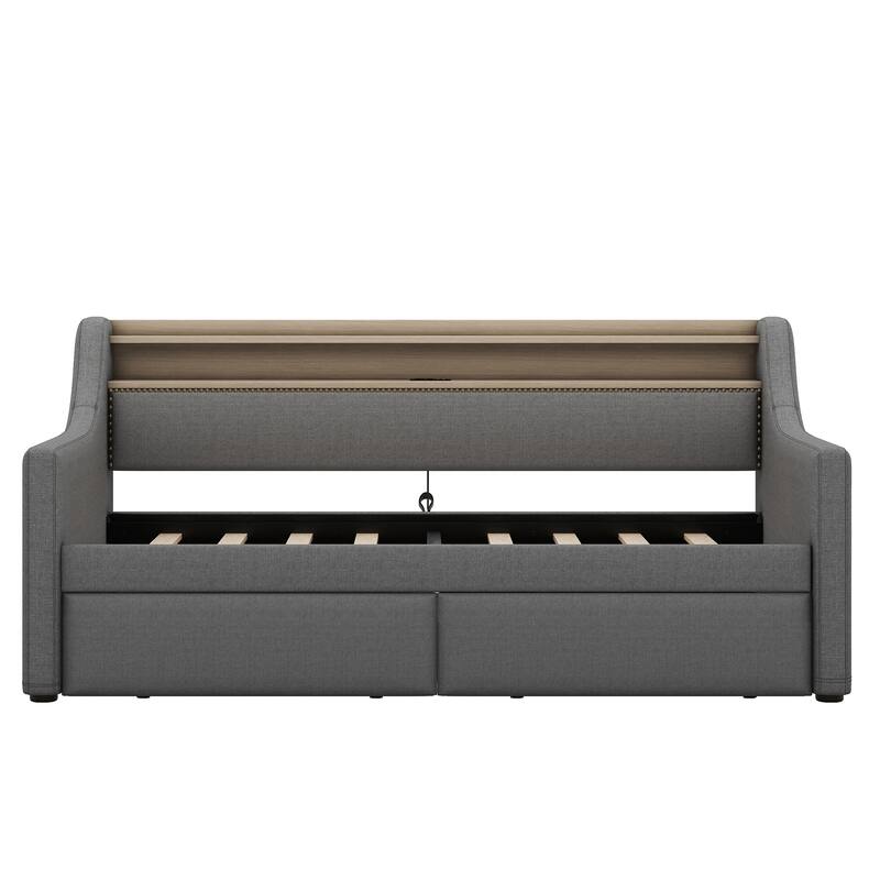 Twin Size Daybed with Drawers, Upholstered Daybed with Charging Station and LED Light