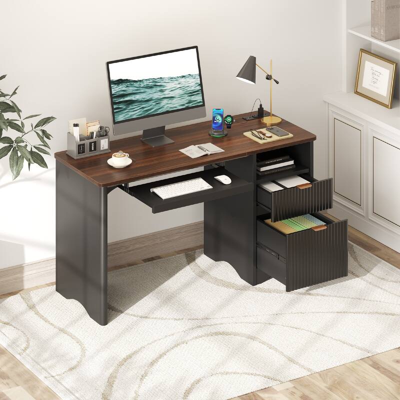 Bestier 55 in. Office Desk with Power Outlets, 2-Storage Drawers and Keyboard Tray