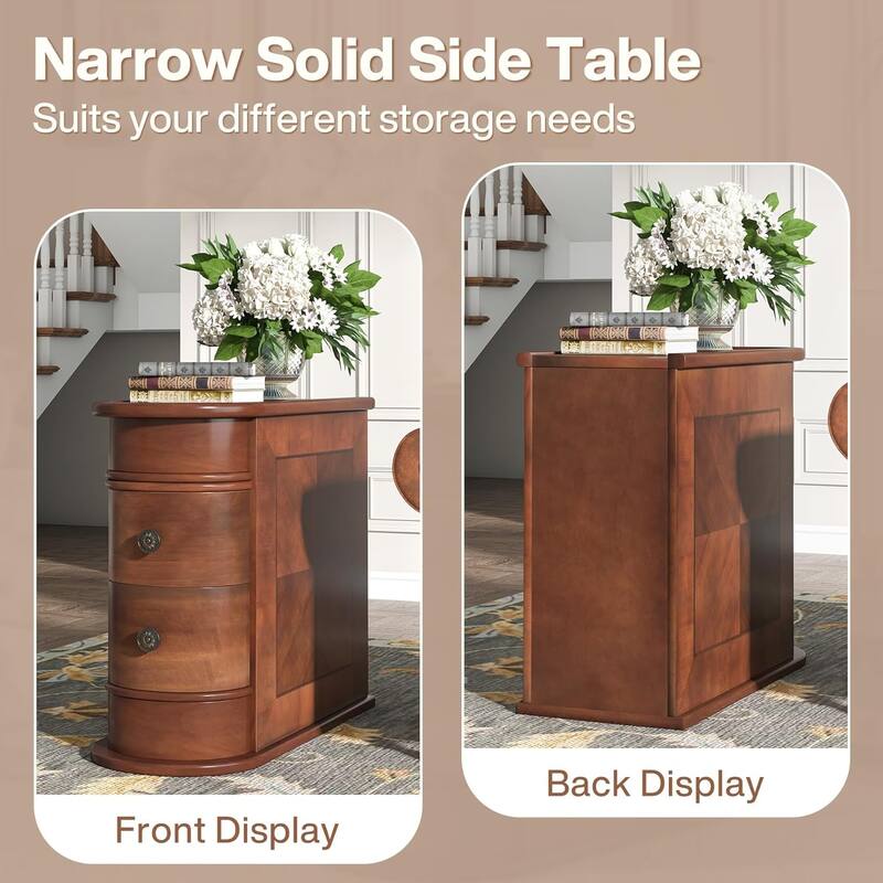 Solid Wood End Table, Two-Drawer Narrow Side Table, Fully Assembled