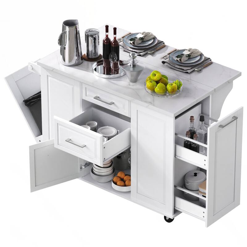 Kitchen Island with Storage Tilt Trash Can Cabinet and Pull Out Cabinet Organizer