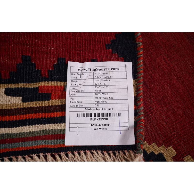 Red Kilim Qashqai Persian Area Rug Hand-Woven Wool Carpet - 4'2"x 7'4"
