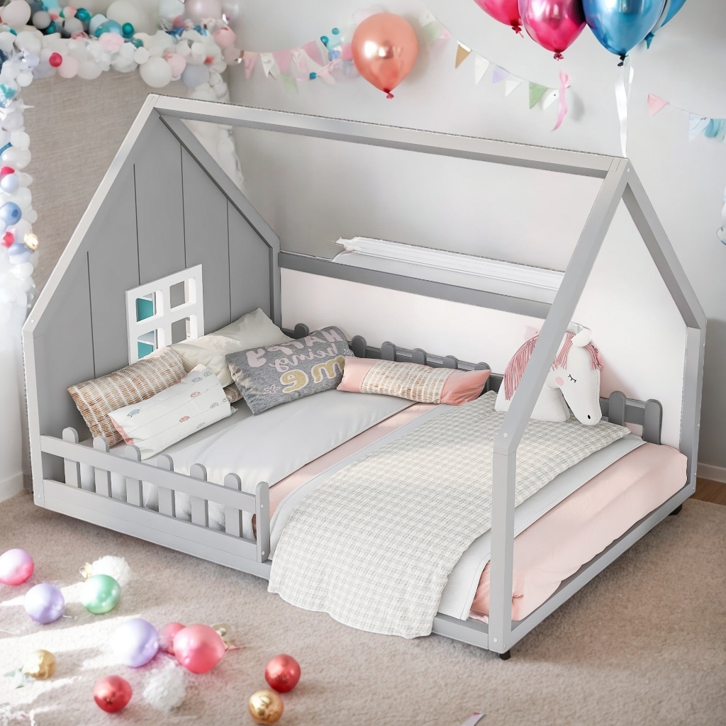 Full Size Wood House Bed with Window and Fence,