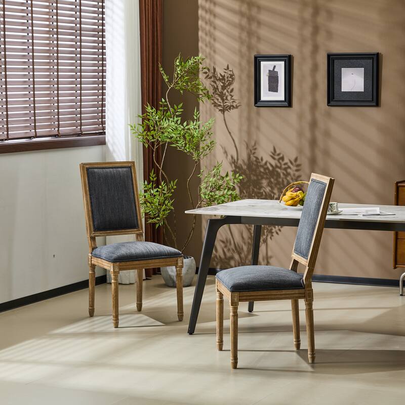 [Set of 2] French Country Dining Chairs - Elegant Cane Backrest & Upholstered Seats with Fluted Legs- Solid Rubberwood Frame - Blue Gray