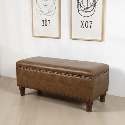 Ava Accent Storage Bench, Distressed Brown Faux Leather, 42 Inch