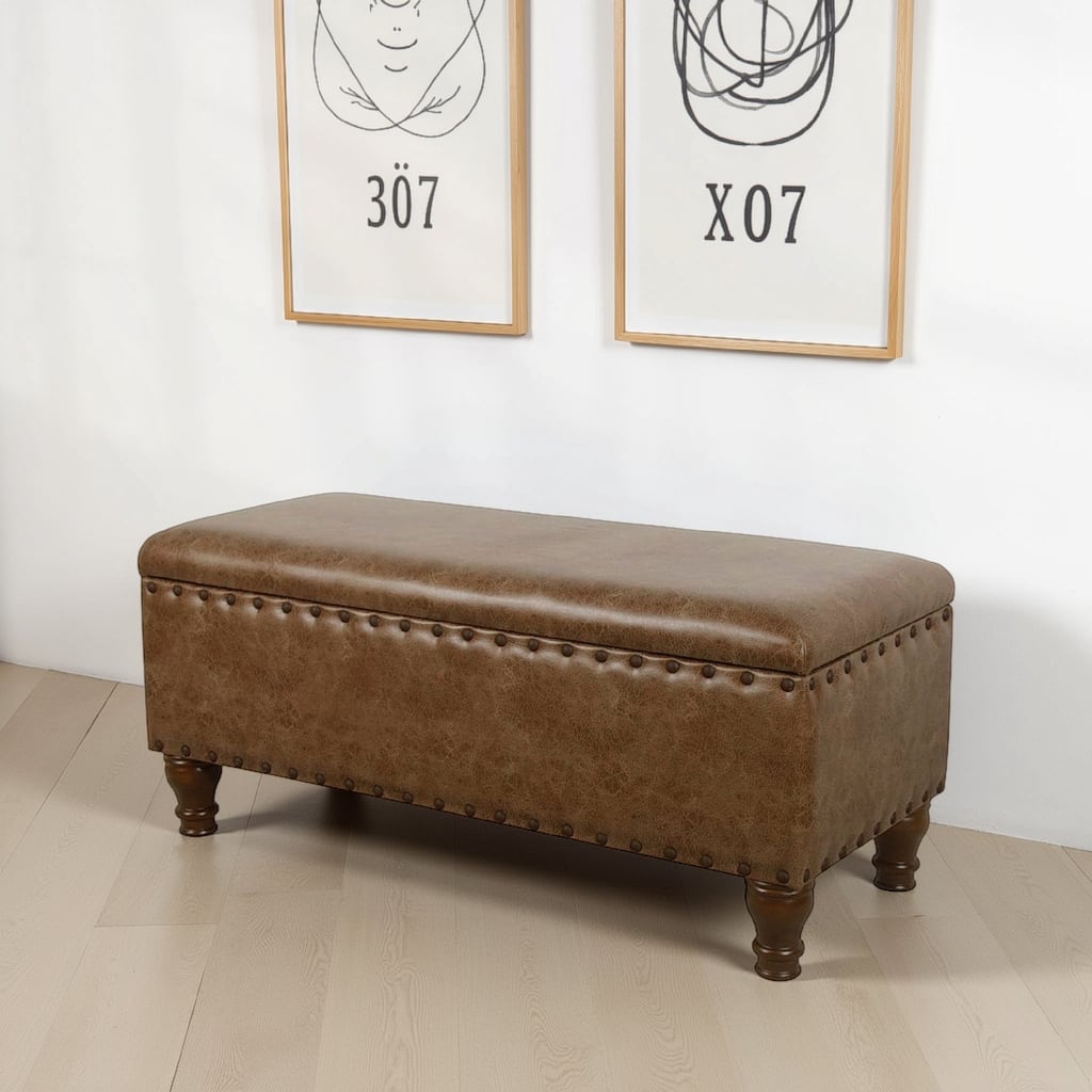 Ava Accent Storage Bench, Distressed Brown Faux Leather, 42 Inch