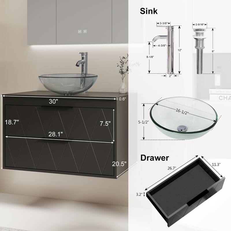 Modern Wall Mounted Bathroom Vanity Set with Vessel Sink & Faucet