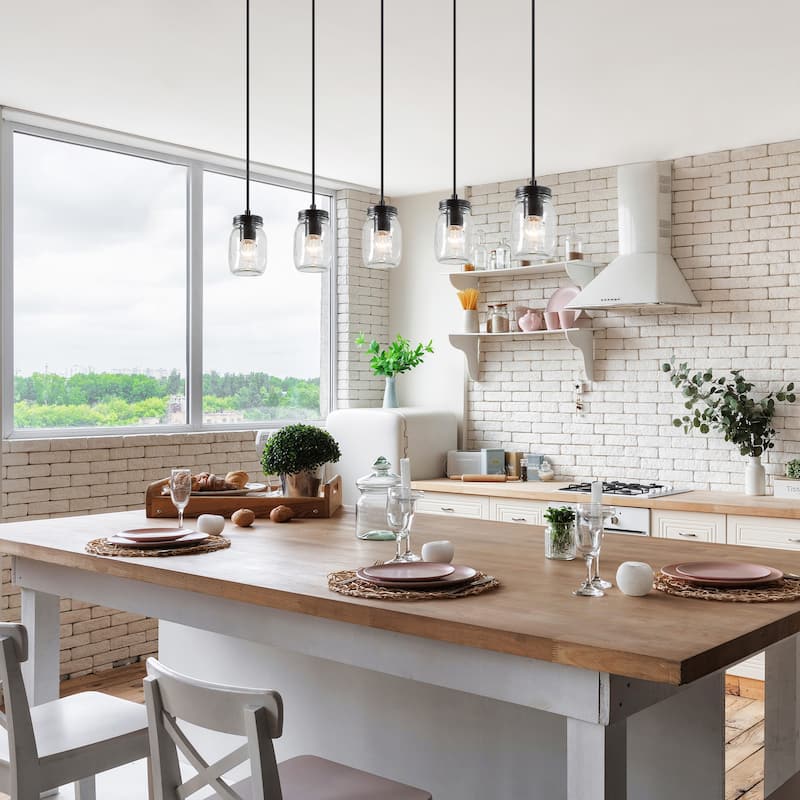 Zarbel Modern Farmhouse Glass Linear Chandelier Rustic 3-Light Black Metal Small Kitchen Island Lights