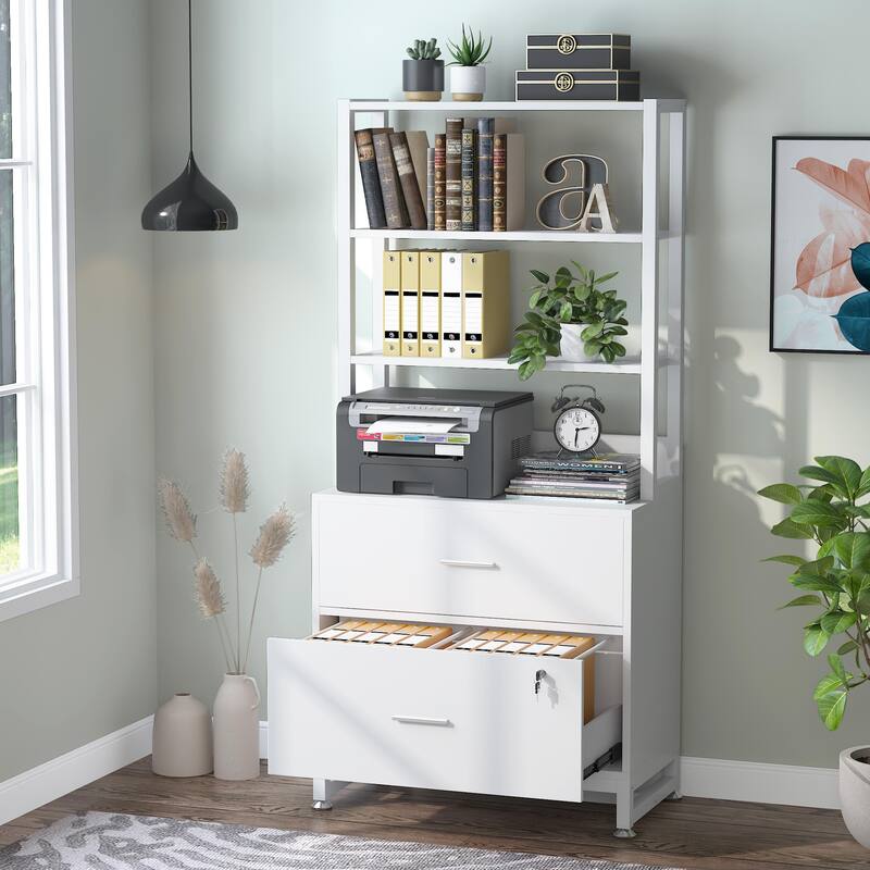 Bookshelf Bookcase with Open Storage Shelves 2 Drawer - White