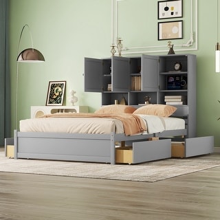 Queen Size Platform Bed with Storage Headboard and 4-Drawers, Grey