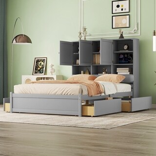 Queen Size Platform Kids Bed Frame with 4-Drawers and Storage Headboard, Grey