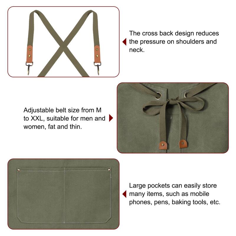 Canvas Chef Aprons 78x68cm Cross Back Kitchen Apron 3 Pockets - Green