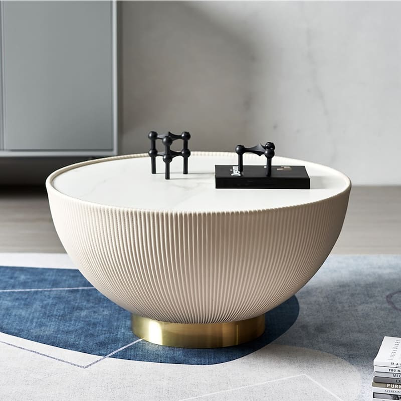 Modern Drum Coffee Table, Sintered Stone Coffee Table with PU Leather and Aluminum Alloy Base - 27.56" - Beige
