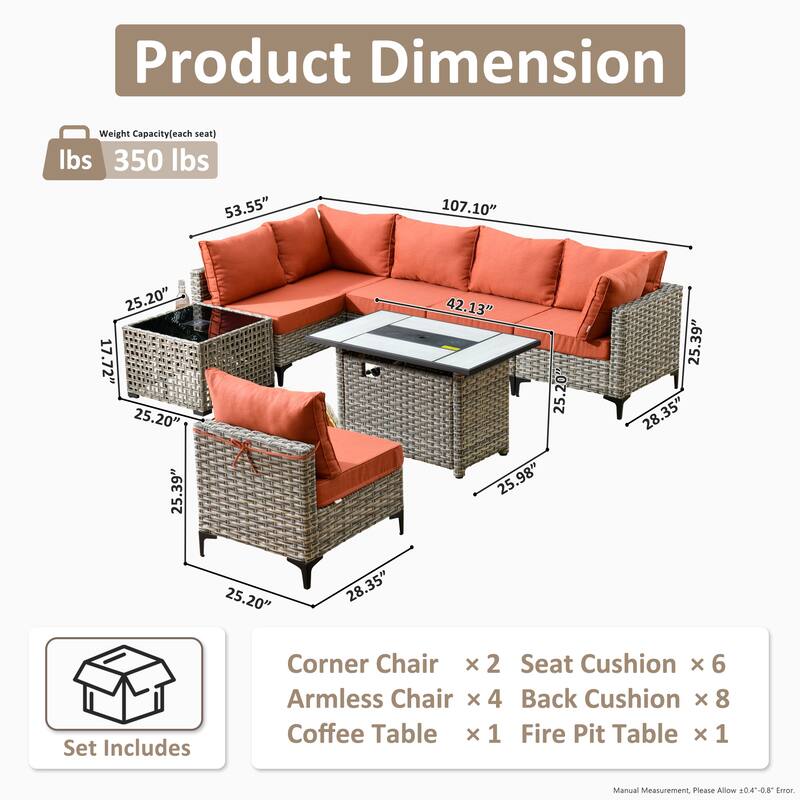 XIZZI 8-Piece Outdoor Wicker Furniture Sectional Set with Firepit